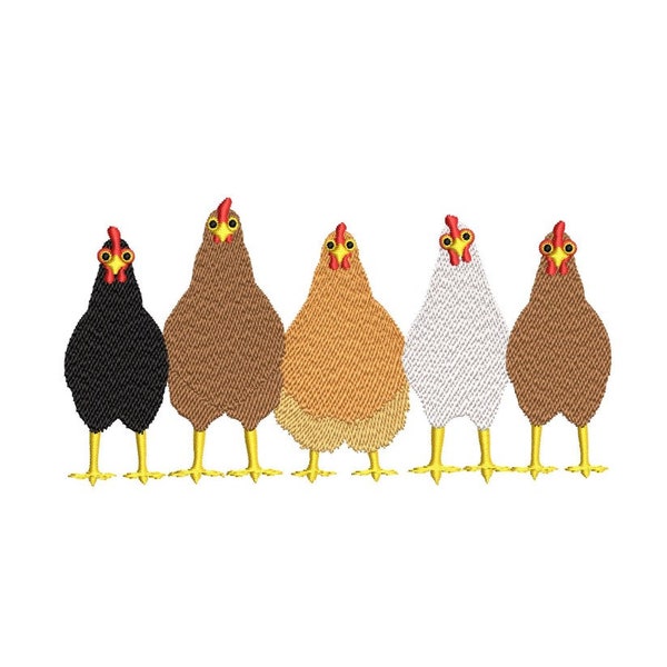 Motif de broderie cinq poulets, 3 tailles, téléchargement immédiat