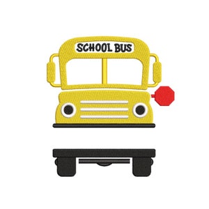 May include: Yellow school bus design with the text "SCHOOL BUS" on top. The bus has black wheels and a red stop sign. The bus is a cartoon style design.