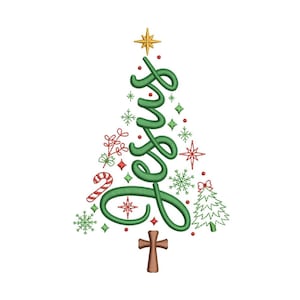 May include: A Christmas tree design embroidered with green thread, featuring the word "Jesus" in a stylized script. The tree is adorned with red and green accents, a gold star, and a brown cross at the base. Festive and religious.