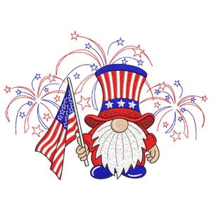 American Gnome Embroidery Design, 4th July Gnome Embroidery Design, Patriotic Independence Day Embroidery File, 3 sizes, Instant Download