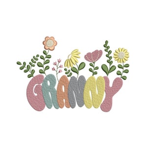 May include: Embroidered design of the word "Granny" in colorful, stylized lettering with a floral border of pink, yellow, and green flowers.