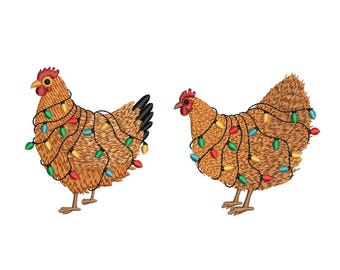 Diseño de bordado de gallinas con luces navideñas, 3 tamaños, descarga inmediata