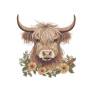 May include: Embroidered design of a Highland cow's head with brown fur and large horns. The cow is surrounded by a wreath of yellow and orange flowers with green leaves.