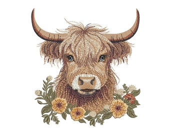 Highland Cow Embroidery Design, Farm Animal Machine Embroidery File, 3 sizes, Instant Download