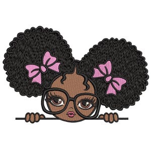Peekaboo Girl with Puff Afro Ponytails Embroidery Design, Black African American Kids Embroidery File, 4 sizes, Instant download