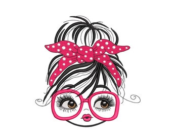 Girl with Glasses Embroidery Design, 4 sizes, Instant download