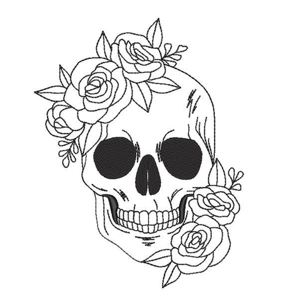 Skull with Flowers Embroidery Design, 5 sizes, Instant Download