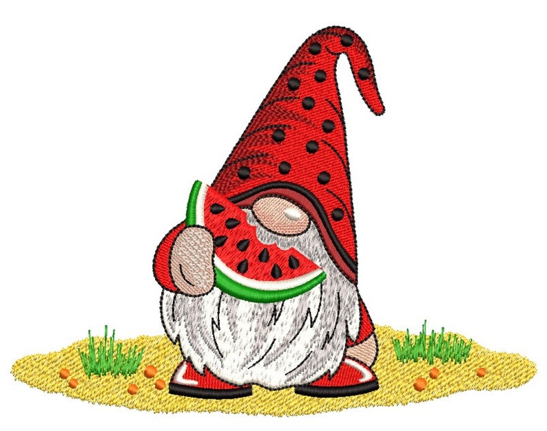 Summer Gnome with a Watermelon Embroidery Design, 3 sizes, Instant Download image 1