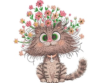 Floral Cat Machine Embroidery Design, Animal, Kitten, Cat Lovers Embroidery File, 3 sizes, Instant Download