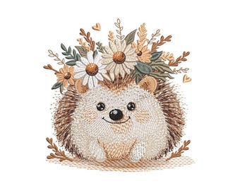 Happy flower hedgehog Embroidery Design, Cute forest animal Machine Embroidery File, 4 sizes, Instant Download