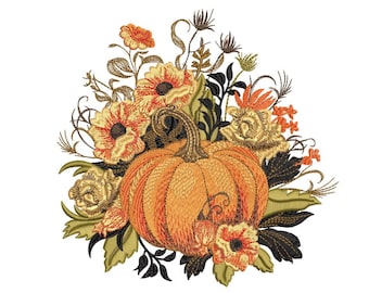 Floral Pumpkin Embroidery Design, Autumn Embroidery File, Thanksgiving Embroidery Design, 4 sizes, Instant Download