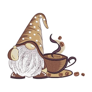 Coffee Gnome Embroidery Design Coffee Lover Machine Embroidery File 3 Sizes for 5x7 6x10 Hoop Cute Fall Gnome Embroidery Instant Download