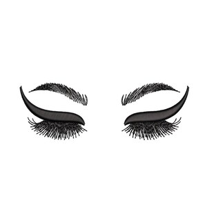 May include: A black and white illustration of a pair of closed eyes with thick eyelashes and eyeliner.