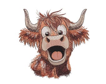 May include: Embroidered design of a brown and white Highland cow with a big smile and large eyes. The cow's tongue is sticking out.