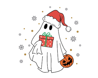 May include: A white ghost wearing a red Santa hat and holding a red and green gift box. The ghost is also carrying a small orange jack-o'-lantern. The background is white with gold and black snowflakes.