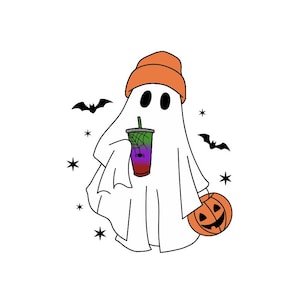 May include: A cartoon ghost wearing an orange beanie, holding a colourful drink with a spiderweb design, and a jack-o'-lantern. Black bats and stars are scattered around the ghost, creating a Halloween theme.