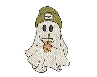 Ghost with Iced Coffee Embroidery Design Halloween Machine Embroidery File Spooky Cute Fall Pattern Instant Download Hoops 4x4 5x7 6x10