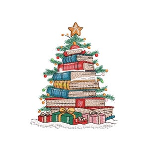 Pode incluir: Uma pilha de livros coloridos dispostos em forma de árvore de Natal, decorados com uma estrela no topo e luzes. Os livros estão rodeados de presentes embrulhados.