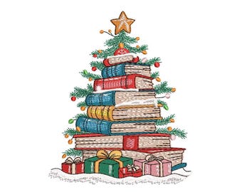 Christmas Books Embroidery Design, Christmas Tree Machine Embroidery Design, 3 sizes, Instant Download