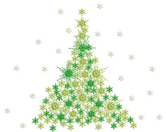 May include: A green and yellow Christmas tree made of snowflakes. The tree is on a white background.