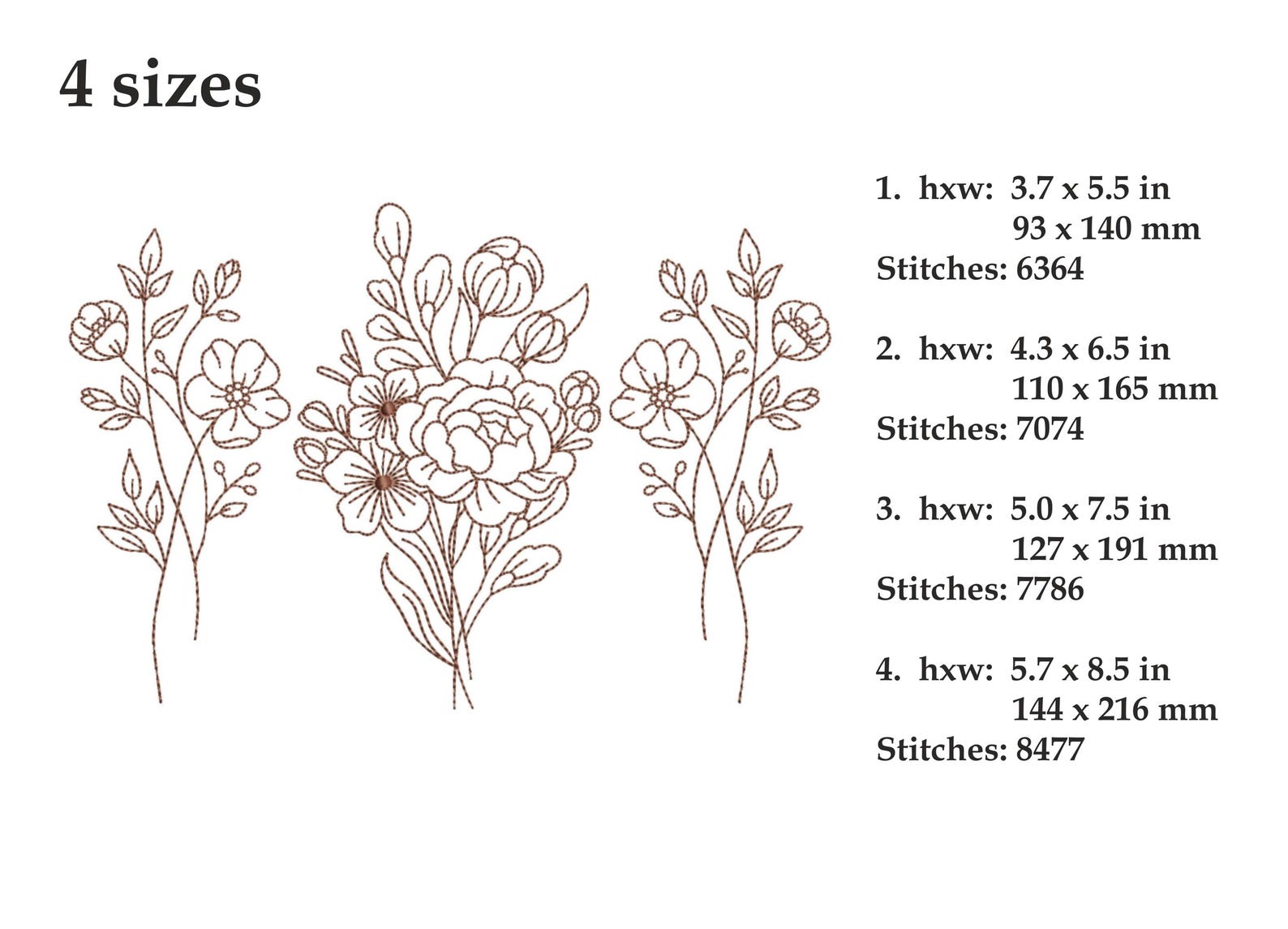 Flowers Line Art Machine Embroidery Design, 4 Sizes, Instant Download ...