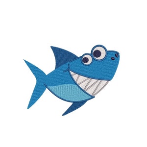 May include: A cartoon blue shark with a big smile and large eyes. The shark has a white mouth with rows of teeth.