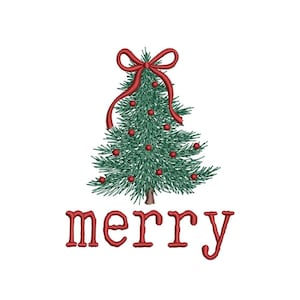 Könnte beinhalten: Gestickter Weihnachtsbaum mit roter Schleife und Kugeln. Das Wort "merry" ist rot unter dem Baum gestickt. Der Baum ist grün mit roten Kugeln, ideal für festliche Dekorationen.