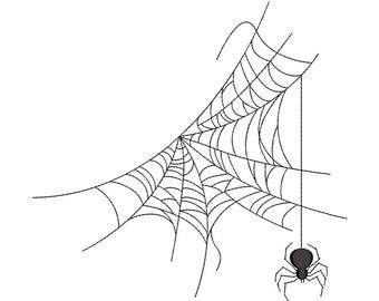 May include: A black spider hangs from a web with intricate details. The web is drawn in black lines against a white background.