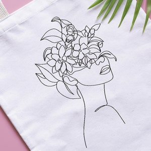 Woman With Flowers Embroidery Design One Line Art Embroidery - Etsy
