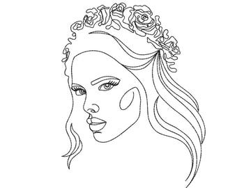 Woman with flowers machine embroidery design, One line art embroidery design, 4 sizes, Instant download