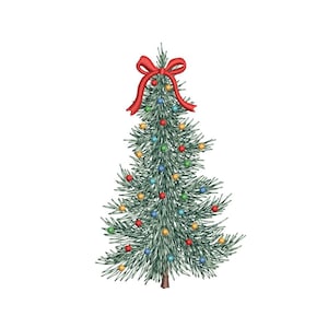 May include: A detailed illustration of a Christmas tree. The tree is green with colorful lights and a red bow at the top. The tree has a brown trunk and is set against a white background. The image is a festive holiday design.