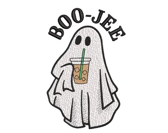 Boo-Jee Ghost with Iced Coffee Embroidery Design Halloween Machine Embroidery File for Towels Shirts Bags Digital Download 4x4 5x7 6x10 Hoop
