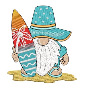 Summer Surfer Gnome Embroidery Design, 3 sizes, Instant Download