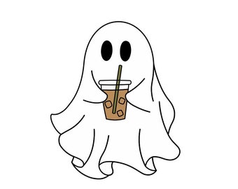 Niedlicher Geist, der Eiskaffee trinkt, Geist-Eiskaffee-Png, Halloween-Geist-Png, Bleib gruselig