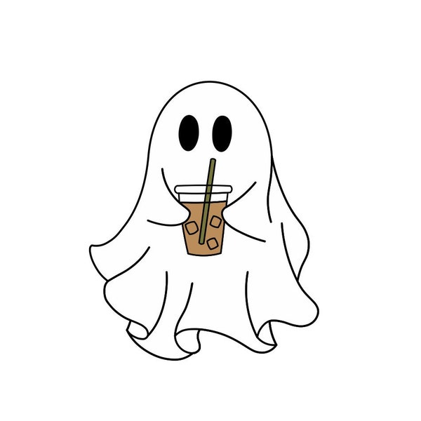 Cute Ghost Drinking Iced Coffee Png, Ghost Ice Coffee png, Halloween Ghost Png, Stay Spooky Png