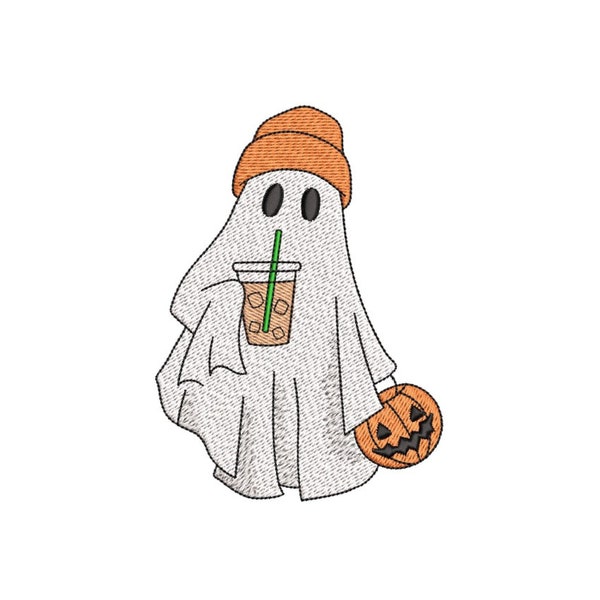 Ghost with Iced Coffee Embroidery Design, Halloween Embroidery Design, 3 sizes, Instant Download