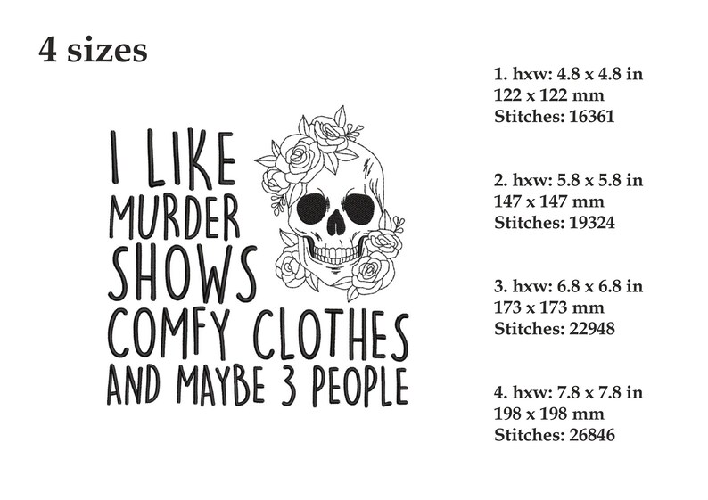 Ik hou van moordshows comfortabele kleding en misschien 3 mensen borduurontwerp, film kijken borduurwerk, 4 maten, Instant Download afbeelding 2