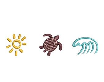May include: Three embroidered icons: a yellow sun, a brown turtle, and a blue wave.