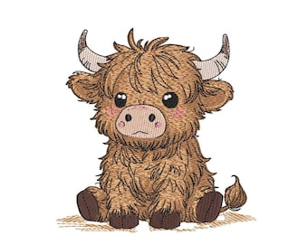 Borduurontwerp baby Highland Cow, borduurbestand boerderijdieren, 3 maten, Instant Download