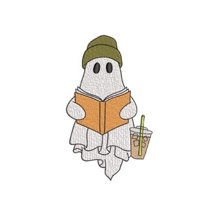Cute Ghost Reading Book Embroidery Design Halloween Machine Embroidery File Book Lover Spooky Embroidery for 4x4 5x7 Hoops