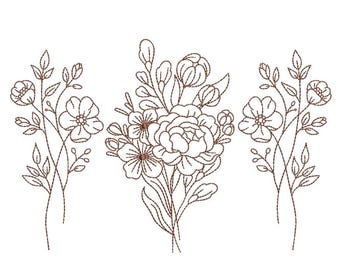 Flowers Line Art Machine Embroidery Design, 4 sizes, Instant Download