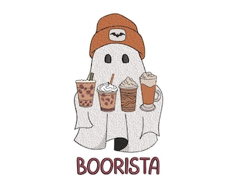 Boorista Ghost met koffie borduurwerk ontwerp Halloween Machine borduurwerk bestand Spooky Fall Coffee Lover Decor voor 5 x 7 hoepel direct downloaden