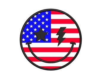 American Smile Applique Embroidery Design, Retro 4th of July Star Lightning Bolt Embroidery File, 3 sizes, Instant Download