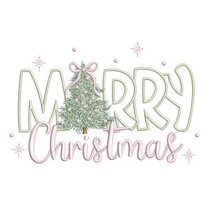 Puede incluir: Un diseño festivo con las palabras "Merry Christmas" en una fuente de escritura, con un árbol de Navidad en el centro. El árbol está decorado con adornos rosas y un lazo rosa. El diseño incluye acentos de estrellas.