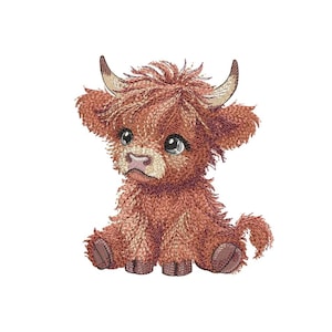May include: A brown and white Highland cow calf with large eyes and a fluffy coat sits with its legs crossed.