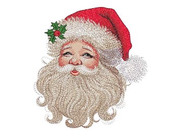 Könnte beinhalten: Gestickter Weihnachtsmann-Kopf mit weißem Bart und Schnurrbart, der einen roten Hut mit weißem Bommel und einem grünen Stechpalmenzweig trägt.