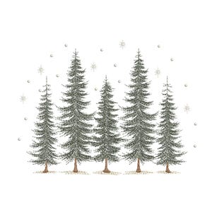 May include: Five green pine trees stand in a row against a white background with small white dots scattered around them.