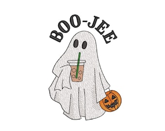 Boo-Jee Ghost With Iced Coffee Embroidery Design Halloween Machine Embroidery File For 4x4 5x7 Hoops Instant Digital Download