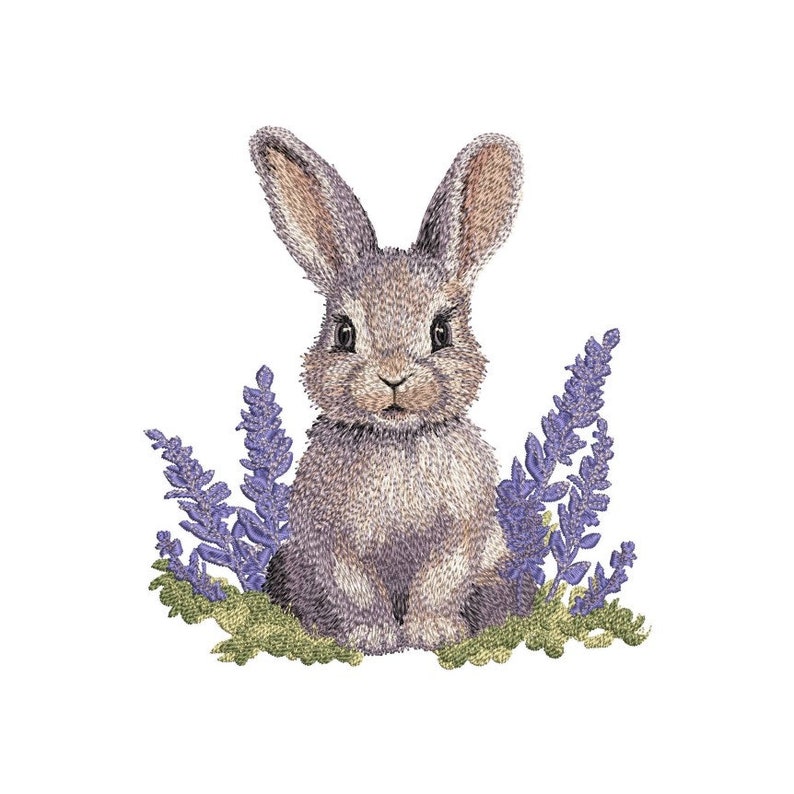 May include: A cute gray bunny rabbit sitting in a patch of purple flowers. The bunny has brown ears and a white nose.