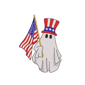 May include: A white ghost wearing a red, white, and blue Uncle Sam hat and holding a small American flag.